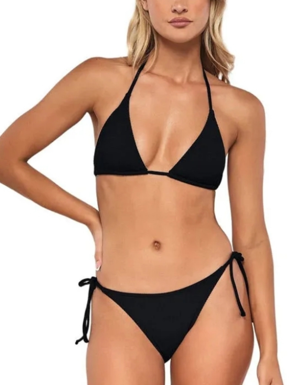 Black Textured Tie Bikini Set - Women Swim Bikinis